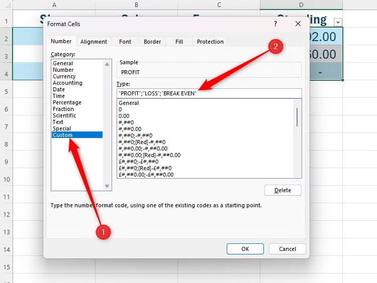 profit-loss-and-break-even-are-typed-into-the-type-box-in-the-custom-area-of-the-format-cells-dialog-box-each-separated-by-a-semicolon-and-embedded-in-quotation-marks حيل مفيدة في Microsoft Excel تسهل عليك العمل