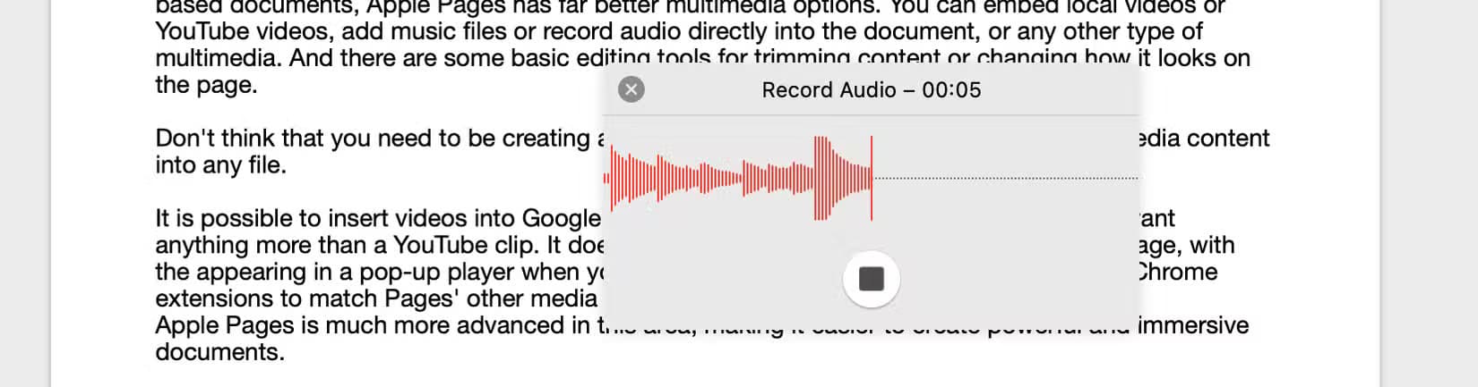 record-audio-straight-into-a-pages-document كيف تتفوق Apple Pages على Google Docs في 7 جوانب رئيسية