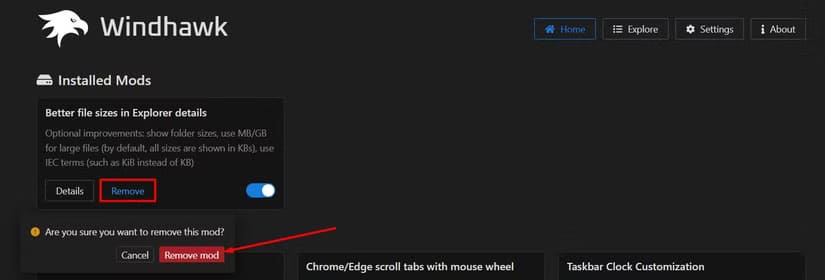 remove-mode-option-in-the-windhawk-app كيفية عرض حجم المجلد في مستكشف الملفات بنظام التشغيل Windows 11