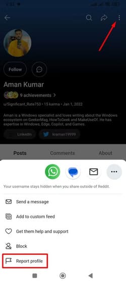 report-profile-option-in-reddit خطوات الإبلاغ عن الحسابات المخالفة على Instagram وFacebook
