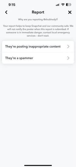 report-windows-in-snapchat خطوات الإبلاغ عن الحسابات المخالفة على Instagram وFacebook