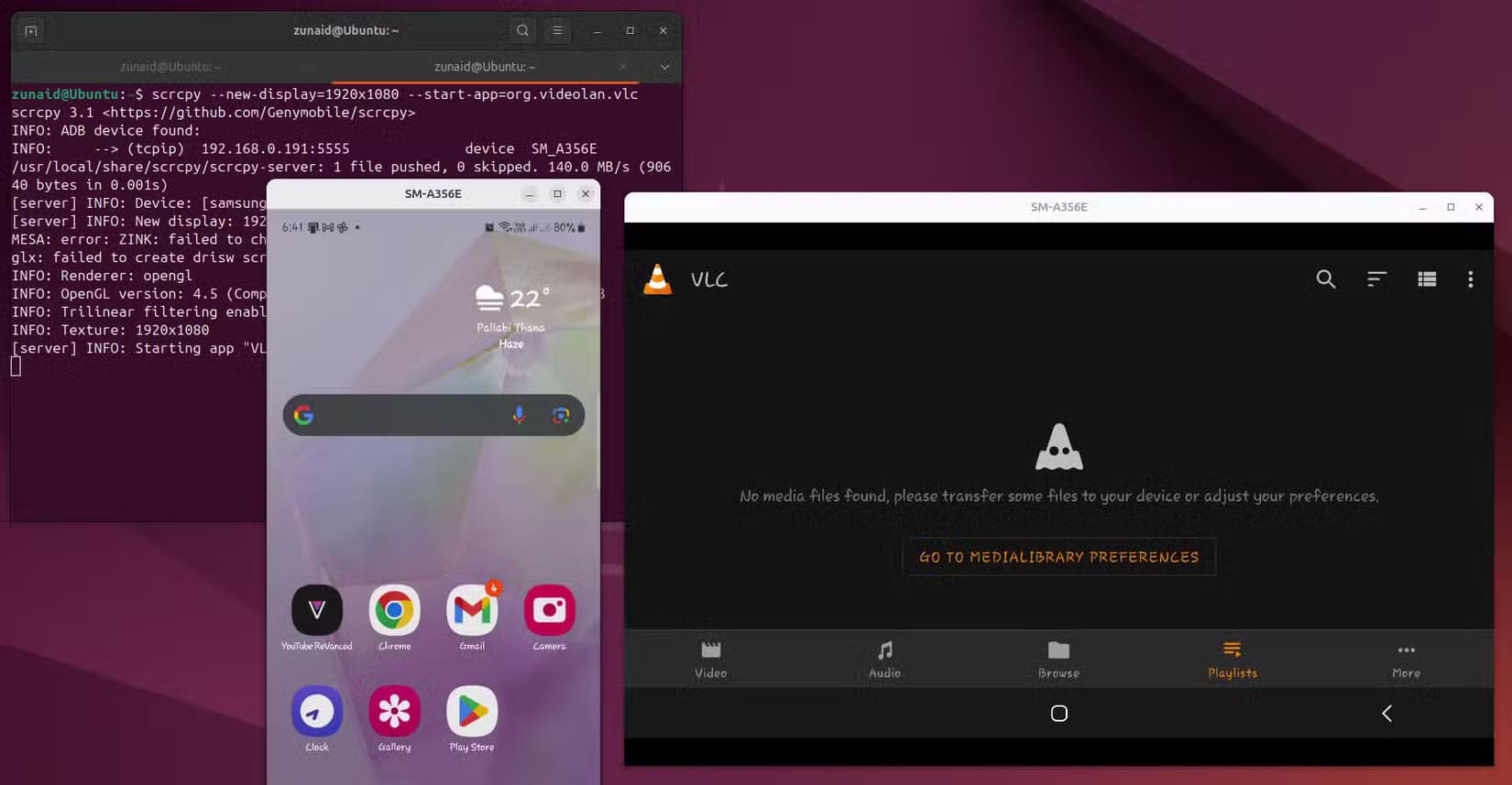 running-vlc-in-a-virtual-display-via-scrcpy كيفية عكس شاشة هاتفك الأندرويد على نظام لينكس باستخدام أداة مجانية