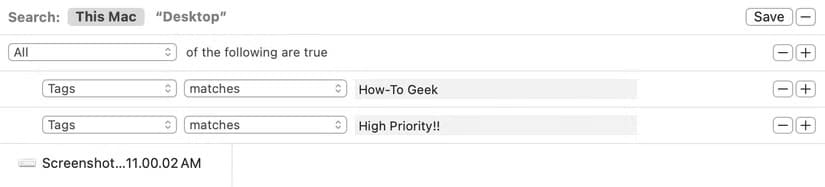 search-criteria-for-a-smart-folder-on-mac-searching-for-how-to-geek-and-high-priority-tags لماذا يجب عليك استخدام ميزة علامات الملفات في أداة البحث عن الملفات في Mac