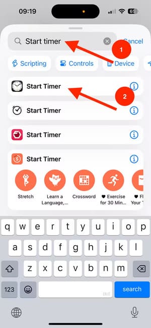 search-for-and-select-start-timer-in-shortcuts-app-on-iphone طرق مبتكرة للاستفادة من اختصارات الصوت على iPhone