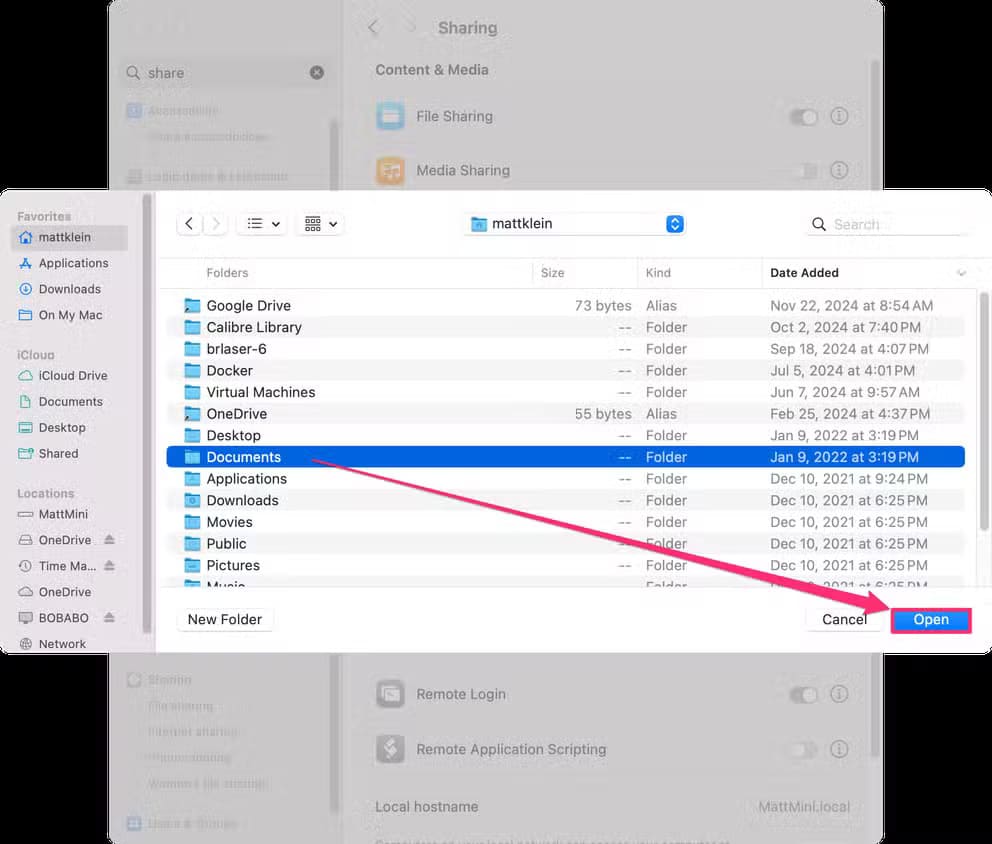 select-a-folder-to-share-then-select-open أسهل الطرق لنقل الملفات بين أنظمة ماك ولينكس خطوة بخطوة