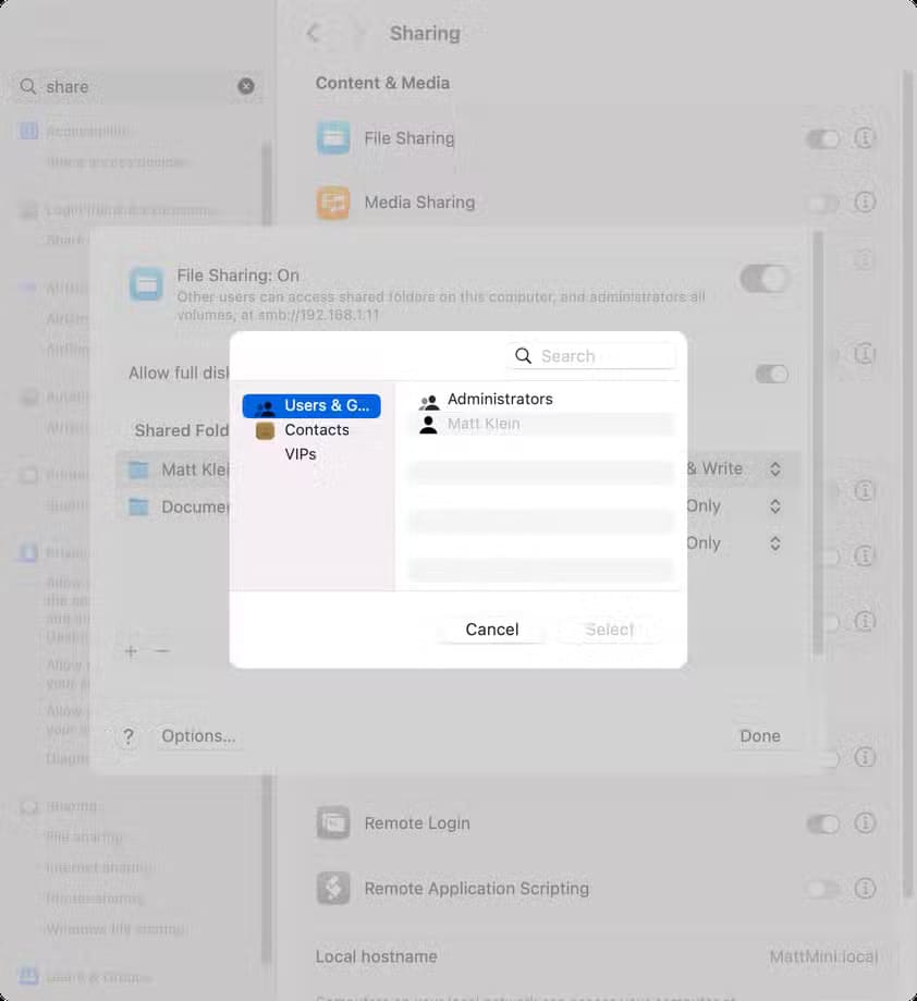 select-a-user-to-add-to-file-sharing أسهل الطرق لنقل الملفات بين أنظمة ماك ولينكس خطوة بخطوة