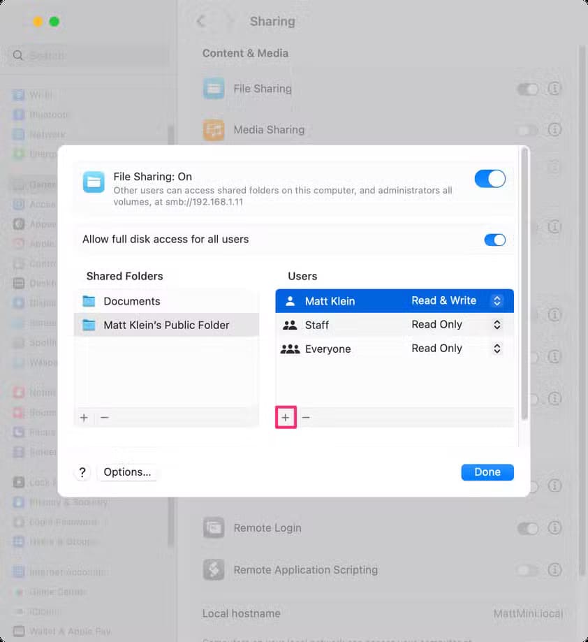 select-the-at-the-bottom-of-the-users-pane-to-add-a-new-file-sharing-user-1 أسهل الطرق لنقل الملفات بين أنظمة ماك ولينكس خطوة بخطوة