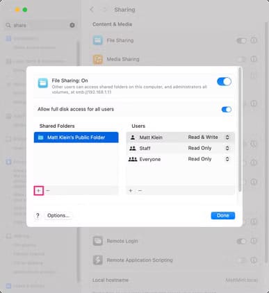 select-the-to-add-folders-to-share أسهل الطرق لنقل الملفات بين أنظمة ماك ولينكس خطوة بخطوة