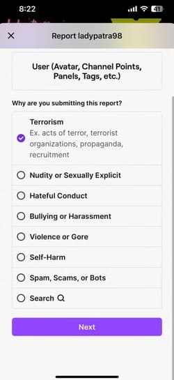 selecting-the-reason-to-report-twitch-account خطوات الإبلاغ عن الحسابات المخالفة على Instagram وFacebook