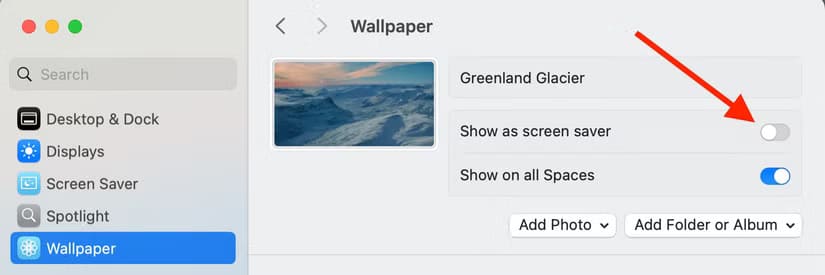 show-as-screensaver-toggle-in-settings-app-on-a-mac كيفية إضافة لمسات من البهجة لجهاز Mac في موسم العطلات