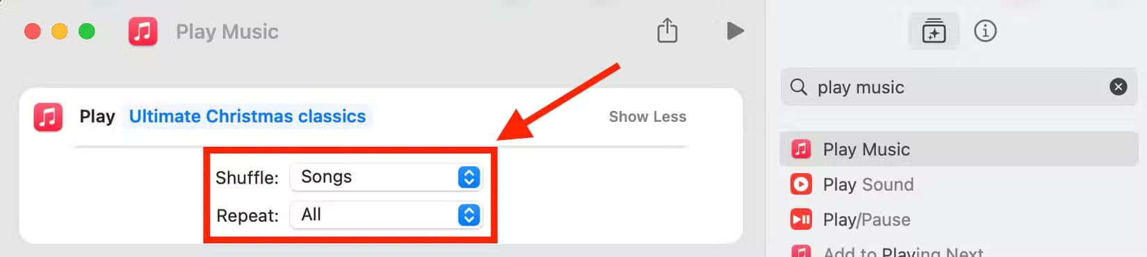 shuffle-songs-and-repeat-all-in-shortcuts-app-on-a-mac كيفية إضافة لمسات من البهجة لجهاز Mac في موسم العطلات