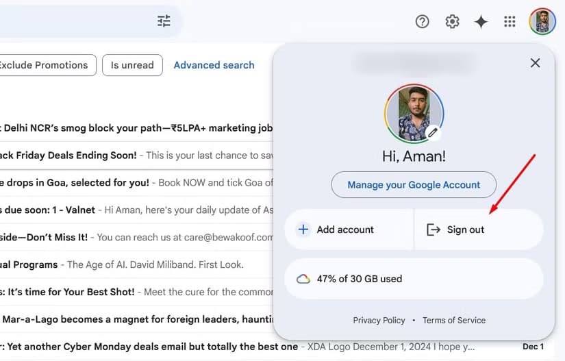 sign-out-option-in-gmail طرق فعالة لحل مشكلة عدم تلقي رسائل البريد الإلكتروني في Gmail