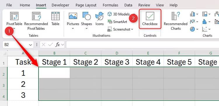 some-cells-selected-in-excel-and-the-checkbox-icon-in-the-insert-tab-highlighted حيل مفيدة في Microsoft Excel تسهل عليك العمل