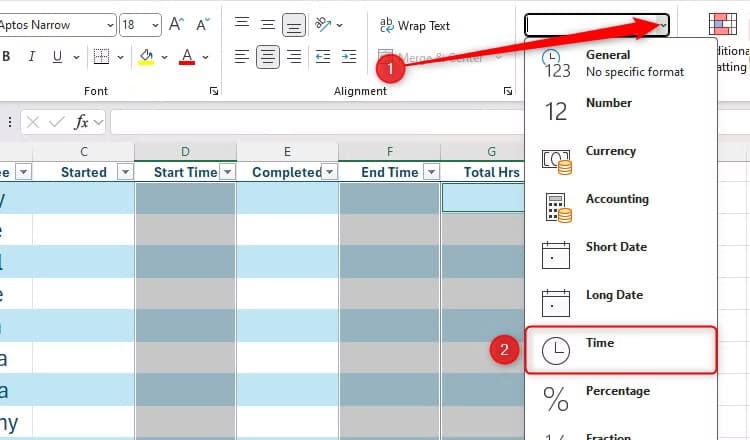 some-columns-in-an-excel-table-are-selected-and-the-number-format-is-changed-to-time-in-the-number-format-drop-down-menu إضافة تاريخ ووقت تلقائي لمربعات الاختيار في Excel بخطوات سهلة