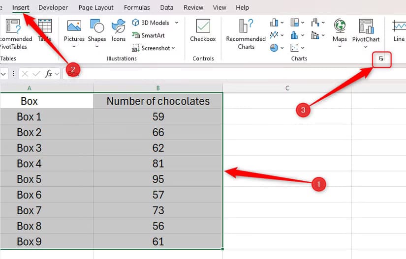 some-data-in-excel-is-selected-and-the-chart-dialog-box-launcher-icon-in-the-insert-tab-is-highlighted نصائح عملية لتحسين تنسيق مخططات Excel بشكل احترافي