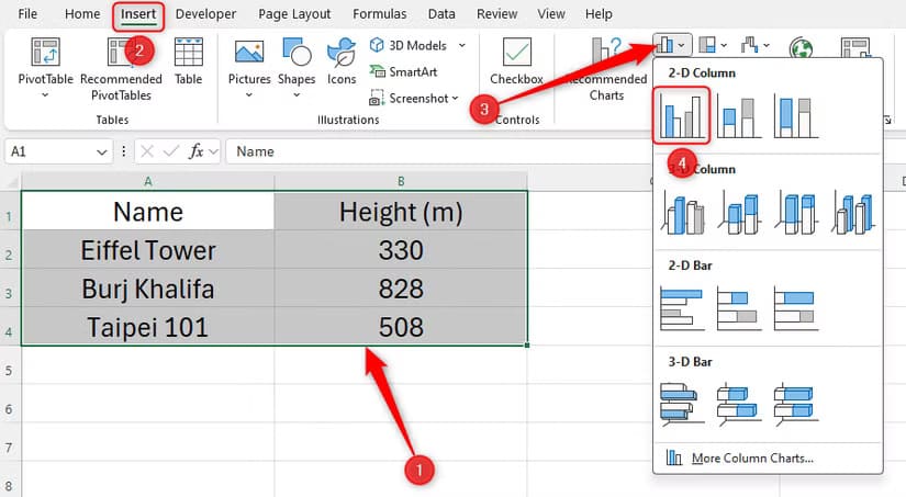 some-data-in-excel-that-shows-the-heights-of-three-well-known-buildings-and-the-clustered-2d-column-chart-is-selected-in-the-insert-tab-on-the-ribbon إضافة الصور والأيقونات إلى أعمدة المخططات في Excel بخطوات بسيطة