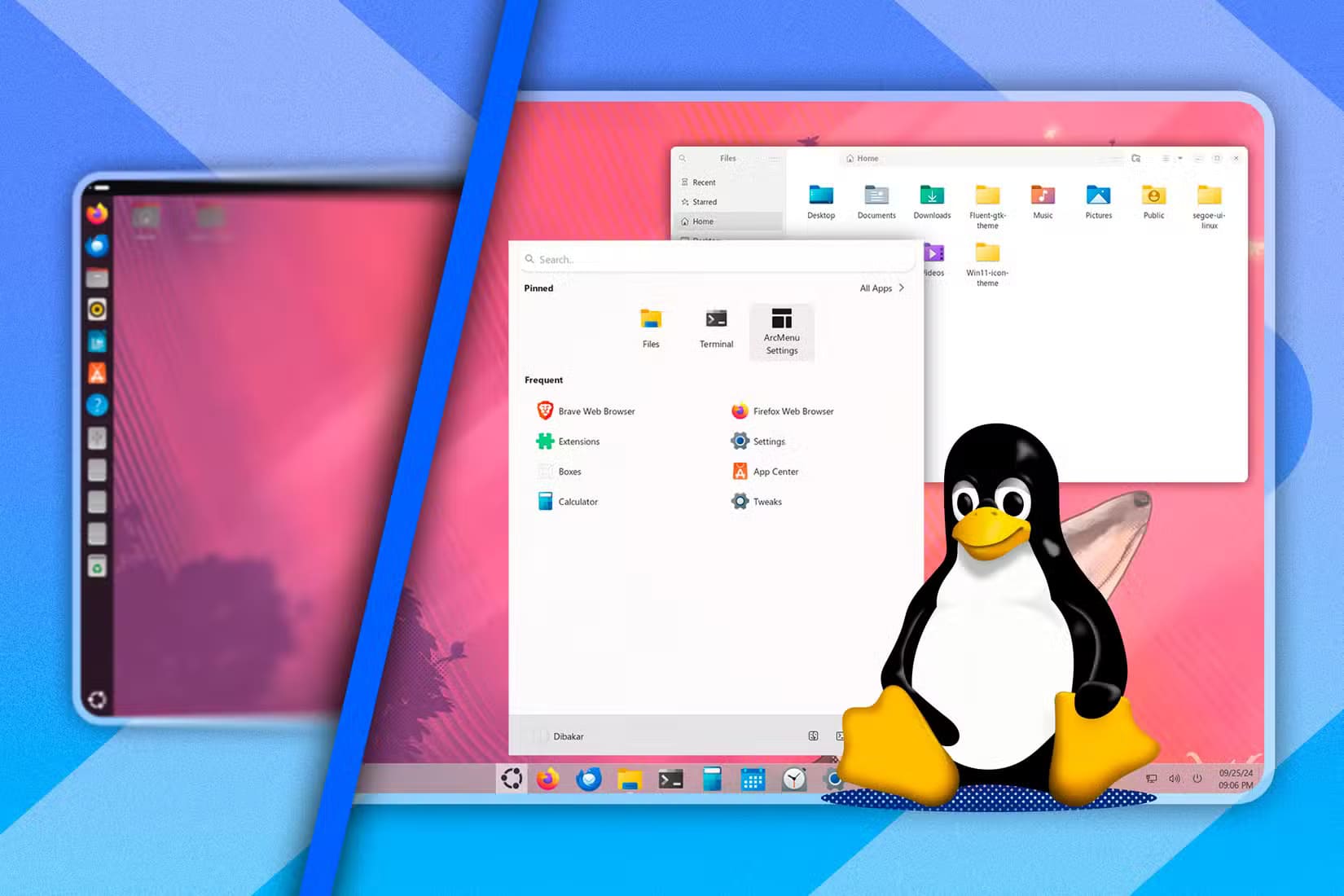 split-screen-with-standard-ubuntu-on-the-left-and-ubuntu-similar-to-linux-on-the-right-with-tux-next-to-it 6 طرق لتستخدم Linux بسهولة دون الحاجة إلى سطر الأوامر