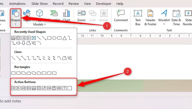 the-action-buttons-in-the-shapes-drop-down-of-the-insert-tab-on-the-ribbon طرق إبداعية للاستفادة من PowerPoint في حياتك اليومية