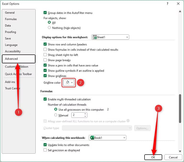 the-advanced-menu-in-the-excel-options-window-with-the-gridline-color-drop-down-option-highlighted كيفية التحكم في ظهور خطوط الشبكة في Excel لتحسين عرض البيانات
