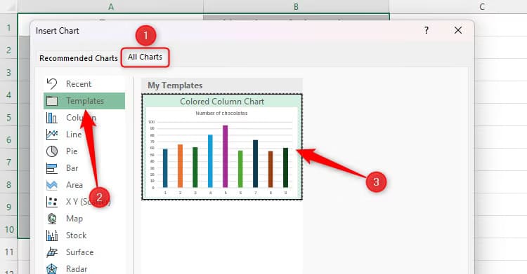 the-all-charts-tab-in-the-insert-chart-dialog-box-in-excel-with-templates-selected-in-the-left-hand-menu-and-the-saved-template-appearing-in-the-preview نصائح عملية لتحسين تنسيق مخططات Excel بشكل احترافي