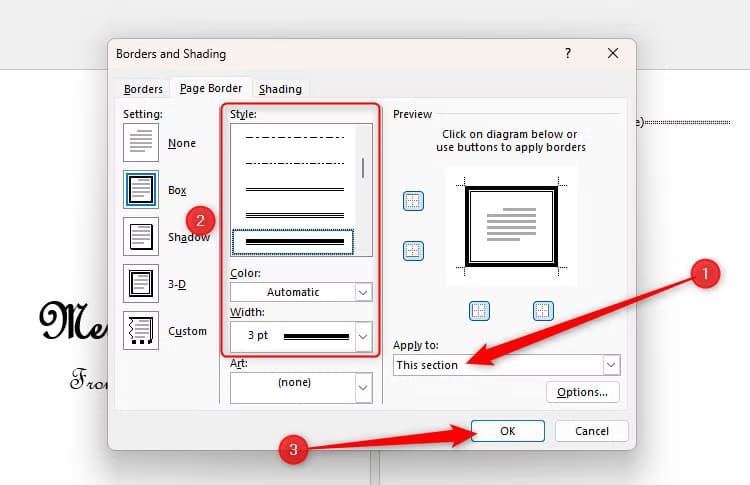 the-borders-and-shading-dialog-box-in-word-with-this-section-selected-in-the-apply-to-drop-down-and-an-appropriate-style-color-and-width-selected-in-the-options خطوات تصميم بطاقة عيد مميزة باستخدام Microsoft Word