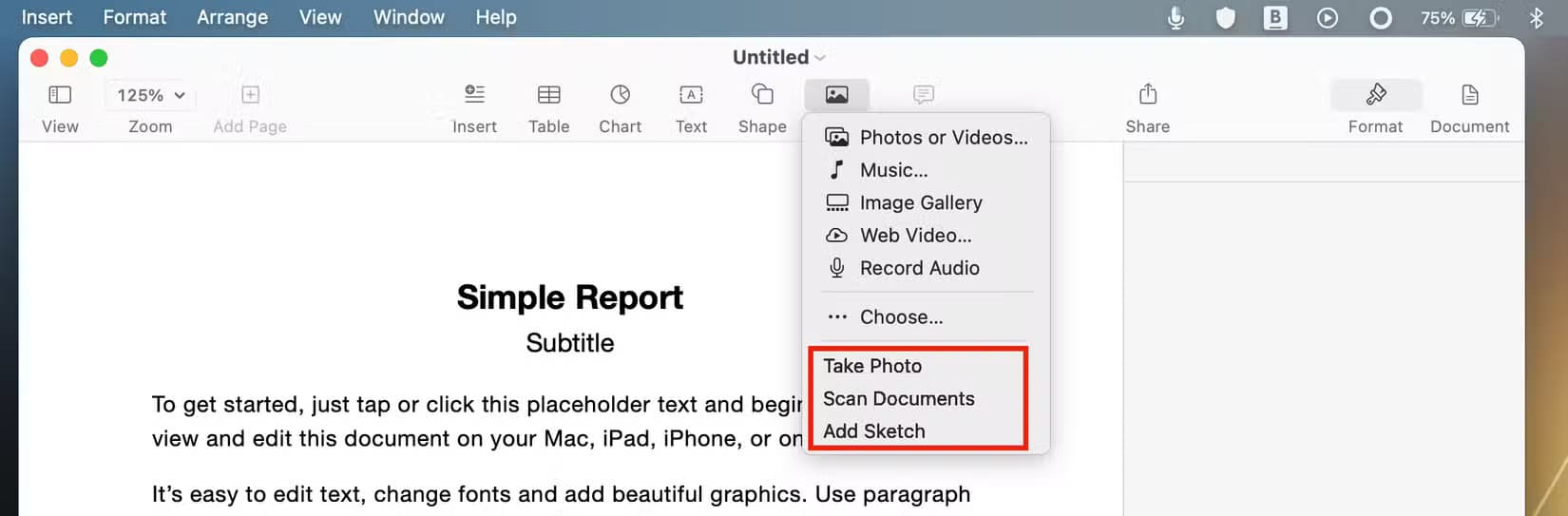 the-continuity-camera-option-in-pages كيف تتفوق Apple Pages على Google Docs في 7 جوانب رئيسية