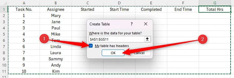 the-create-table-dialog-box-in-excel-with-the-my-table-has-headers-checkbox-checked إضافة تاريخ ووقت تلقائي لمربعات الاختيار في Excel بخطوات سهلة