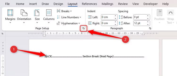 the-cursor-in-the-first-word-of-a-word-document-and-the-page-setup-dialog-launcher-button-in-the-layout-tab-is-selected خطوات تصميم بطاقة عيد مميزة باستخدام Microsoft Word