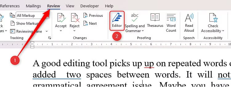 the-editor-icon-in-the-review-tab-in-microsoft-word ما مدى كفاءة ودقة محرر Microsoft في تحسين الكتابة؟