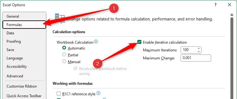 the-enable-iterative-calculations-checkbox-is-checked-in-the-excel-options-dialog-window إضافة تاريخ ووقت تلقائي لمربعات الاختيار في Excel بخطوات سهلة
