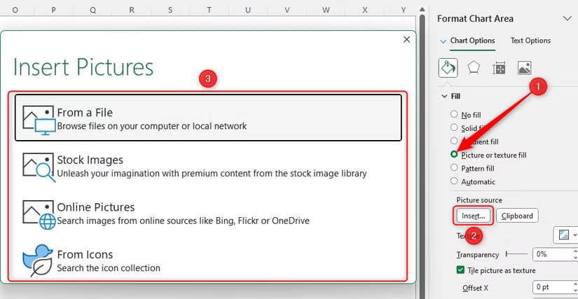 the-format-chart-pane-in-excel-is-opened-with-the-option-to-use-a-picture-as-a-chart-background-and-the-different-sources-highlighted نصائح عملية لتحسين تنسيق مخططات Excel بشكل احترافي