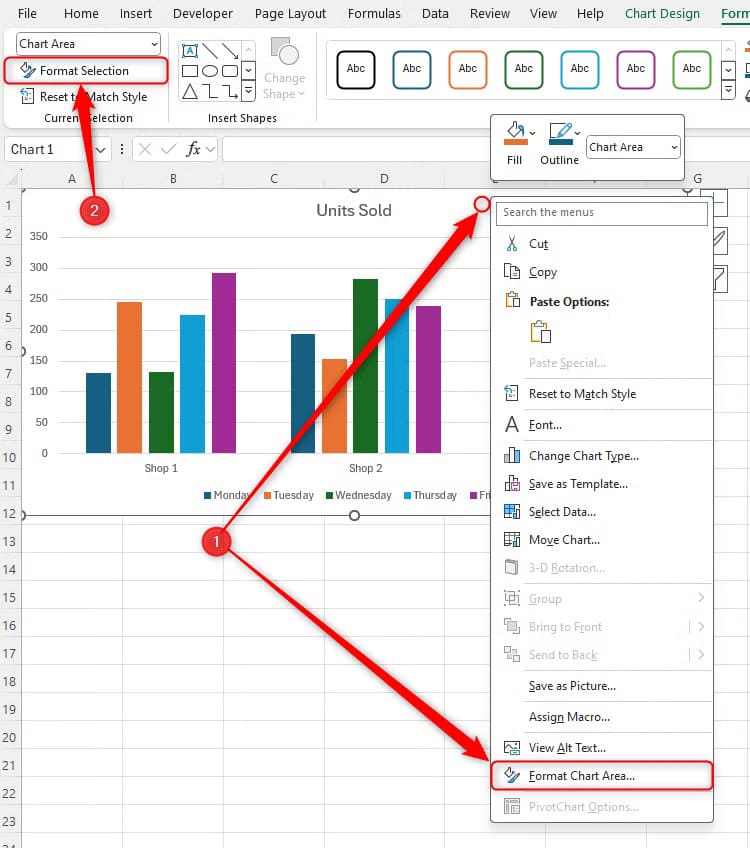 the-format-selection-and-format-chart-area-options-in-excel خطوات بسيطة لجعل الرسوم البيانية في Excel أكثر احترافية