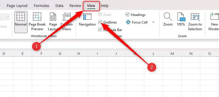 the-gridlines-checkbox-option-in-the-view-tab-on-the-ribbon-in-excel كيفية التحكم في ظهور خطوط الشبكة في Excel لتحسين عرض البيانات