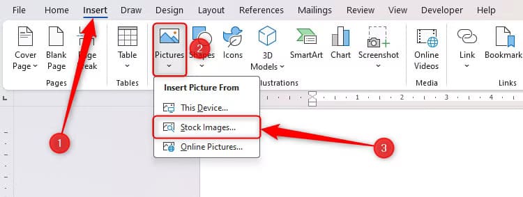 the-insert-tab-in-microsoft-word-is-opened-and-the-stock-images-option-under-the-pictures-drop-down-menu-is-selected 5 حيل رائعة في Microsoft Word ستجعل عملك أسهل وأسرع