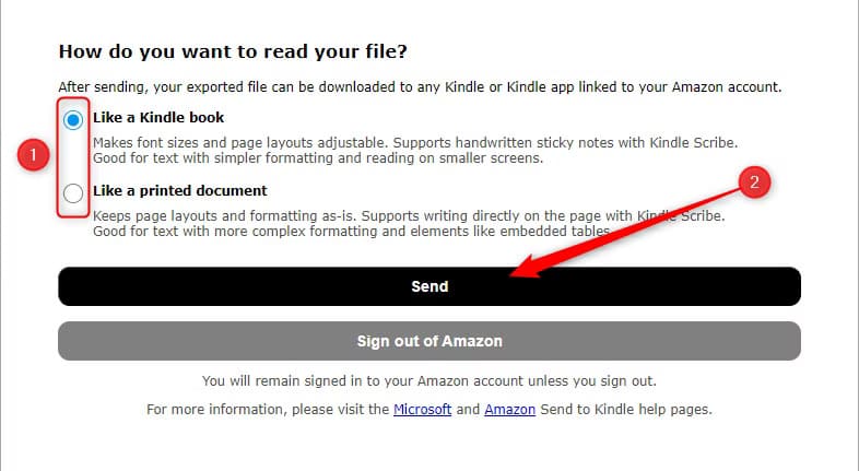 the-kindle-dialog-box-in-microsoft-word-that-provides-the-options-for-the-two-different-ways-to-read-the-document-on-kindle 5 حيل رائعة في Microsoft Word ستجعل عملك أسهل وأسرع