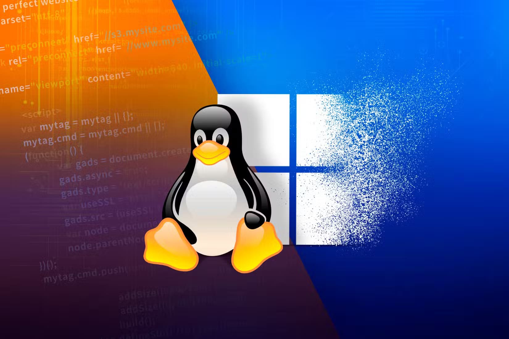 the-linux-penguin-and-behind-him-the-windows-logo-disintegrating 6 طرق لتستخدم Linux بسهولة دون الحاجة إلى سطر الأوامر