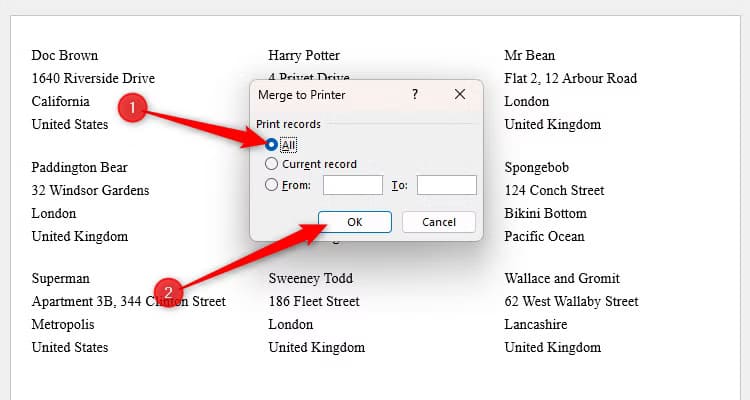 the-merge-to-printer-dialog-box-in-word-with-all-selected-and-the-ok-button-clicked كيفية الاستفادة من تطبيقات Microsoft لتبسيط الاحتفالات