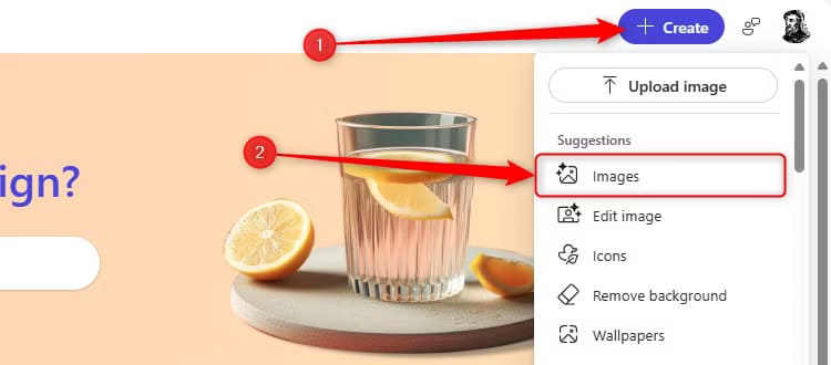 the-microsoft-designer-homepage-with-images-selected-in-the-create-drop-down-menu خطوات تصميم بطاقة عيد مميزة باستخدام Microsoft Word
