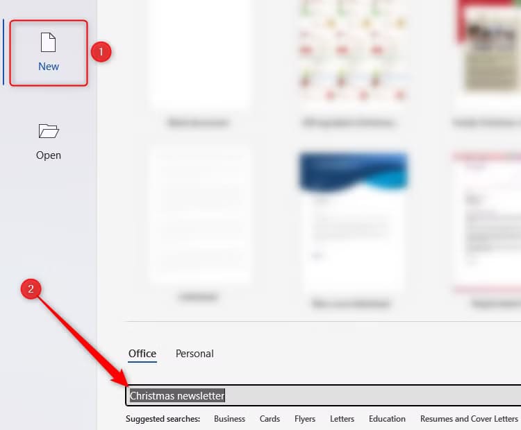 the-microsoft-word-desktop-app-welcome-screen-with-new-selected-and-christmas-newsletter-typed-into-the-template-search كيفية الاستفادة من تطبيقات Microsoft لتبسيط الاحتفالات