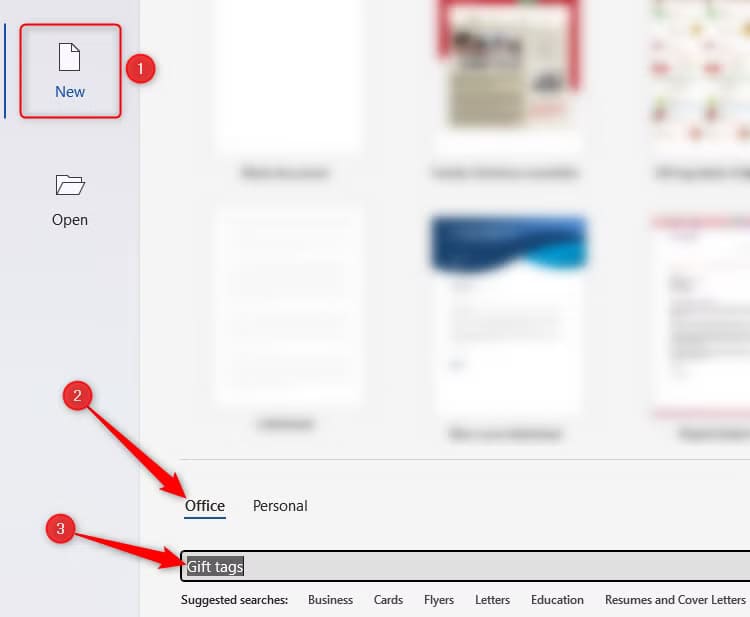 the-microsoft-word-desktop-app-welcome-screen-with-new-selected-and-gift-tags-typed-into-the-template-search كيفية الاستفادة من تطبيقات Microsoft لتبسيط الاحتفالات