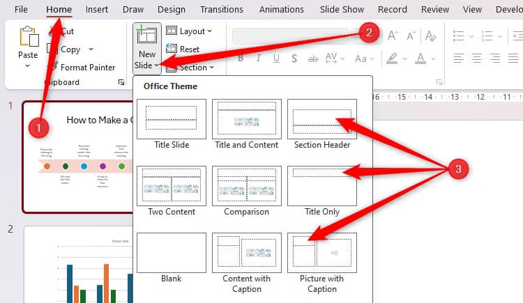 the-new-slide-drop-down-in-the-home-tab-in-powerpoint-with-the-title-placeholders-on-some-of-the-slide-layout-templates-highlighted طرق عملية لتصميم عروض PowerPoint تجذب كل الجمهور وتزيد من التفاعل