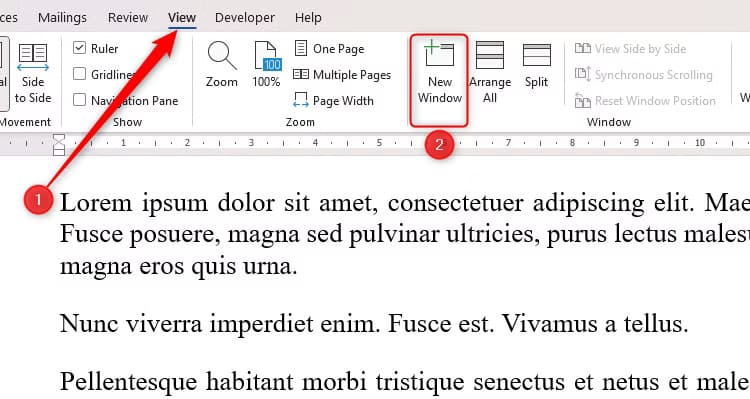 the-new-window-option-in-microsoft-word-accessed-in-the-view-tab-on-the-ribbon 5 حيل رائعة في Microsoft Word ستجعل عملك أسهل وأسرع