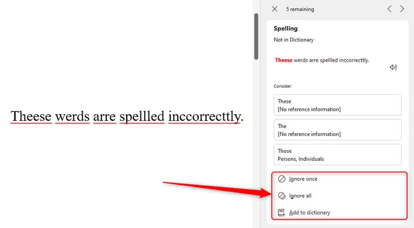 the-options-to-ignore-microsoft-editor-s-suggestions-or-add-the-word-to-the-dictionary ما مدى كفاءة ودقة محرر Microsoft في تحسين الكتابة؟
