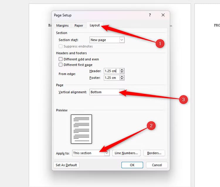 the-page-setup-dialog-box-in-microsoft-word-with-bottom-and-this-section-selected-in-the-layout-tab خطوات تصميم بطاقة عيد مميزة باستخدام Microsoft Word