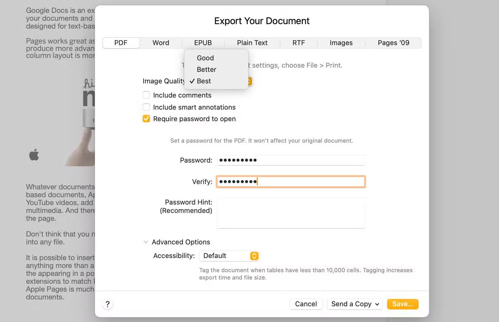 the-pdf-export-options-in-apple-pages كيف تتفوق Apple Pages على Google Docs في 7 جوانب رئيسية