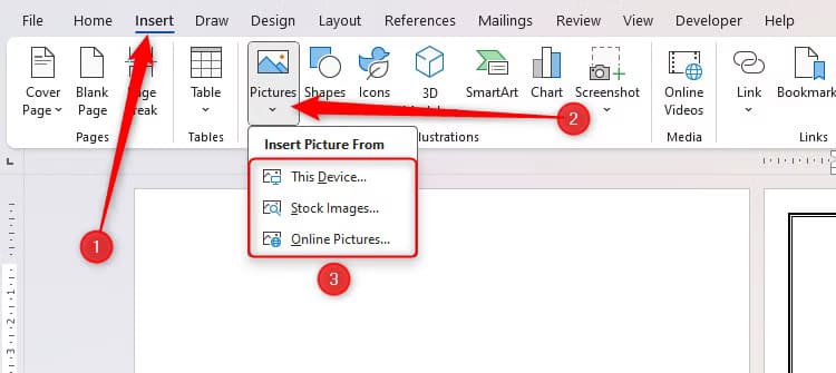 the-pictures-drop-down-in-microsoft-word-s-insert-tab خطوات تصميم بطاقة عيد مميزة باستخدام Microsoft Word