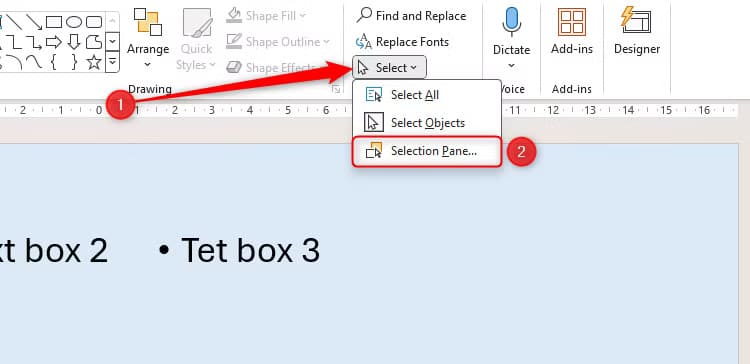 the-selection-pane-button-in-the-select-drop-down-of-the-home-tab-in-powerpoint طرق عملية لتصميم عروض PowerPoint تجذب كل الجمهور وتزيد من التفاعل