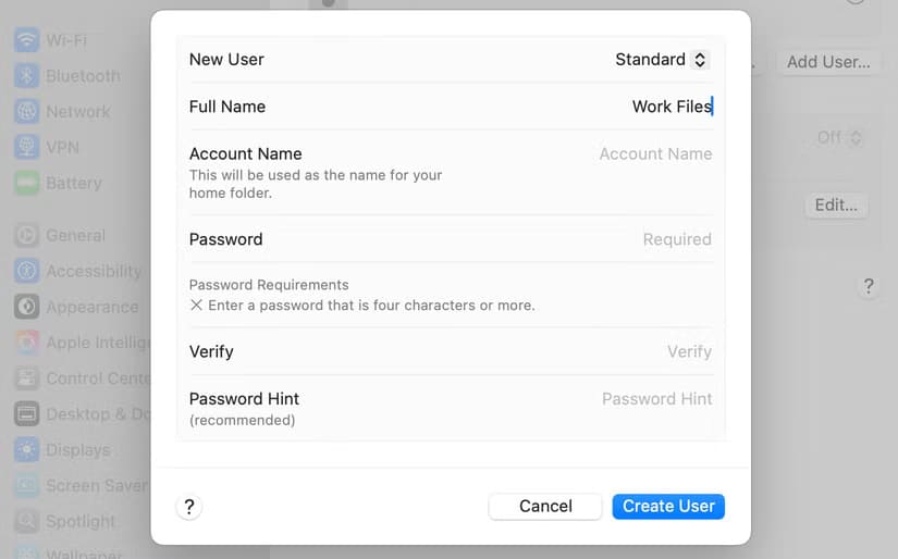 the-settings-to-create-a-new-user-account أفضل الطرق لإخفاء وتأمين ملفاتك على جهاز Mac