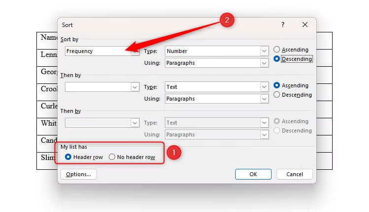 the-sort-dialog-box-in-microsoft-word-with-the-header-row-radiobox-checked-and-the-sort-by-option-changed-to-frequency 5 حيل رائعة في Microsoft Word ستجعل عملك أسهل وأسرع