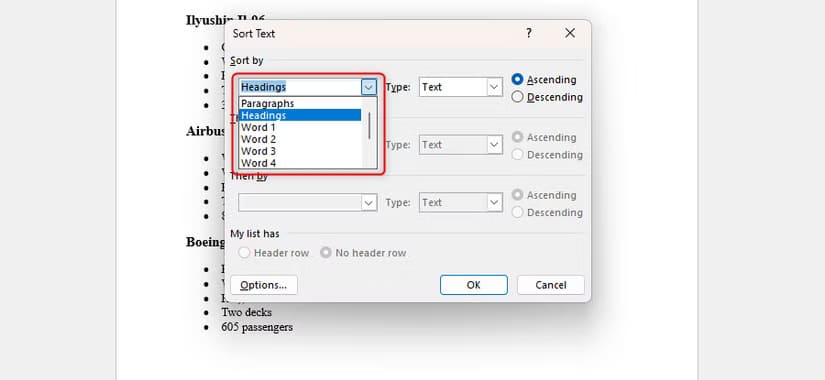 the-sort-text-dialog-box-in-microsoft-word-with-headings-selected-in-the-sort-by-drop-down-box 5 حيل رائعة في Microsoft Word ستجعل عملك أسهل وأسرع